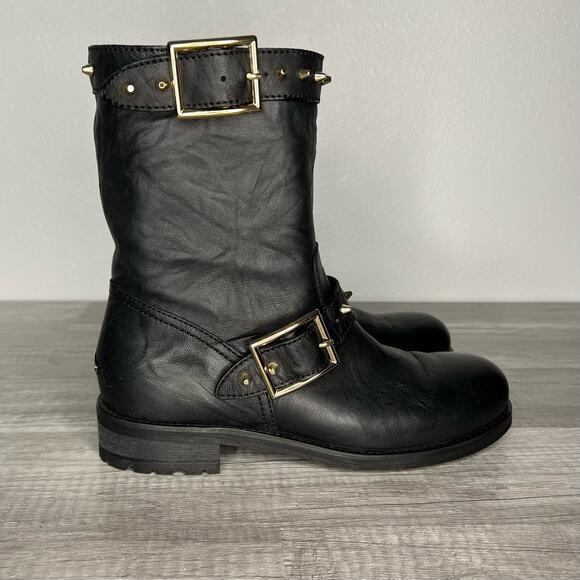 Jimmy Choo Dash Black Leather Biker Moto Boots Mid Calf Spike 37 US 7 - Picture 2 of 10